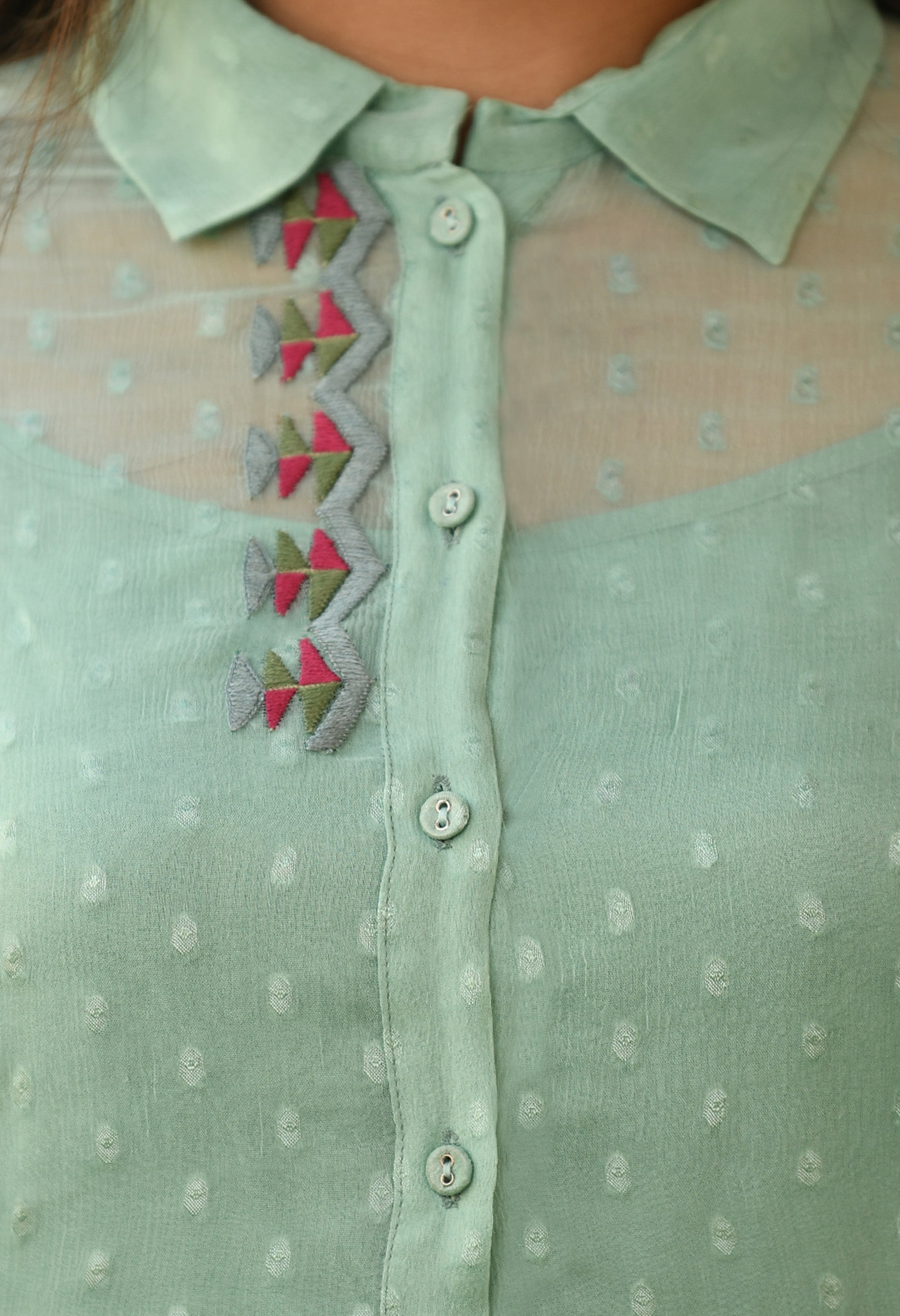 Mint Green Phulkari Embroidery Chiffon Top | Green Embroidery Chiffon Top